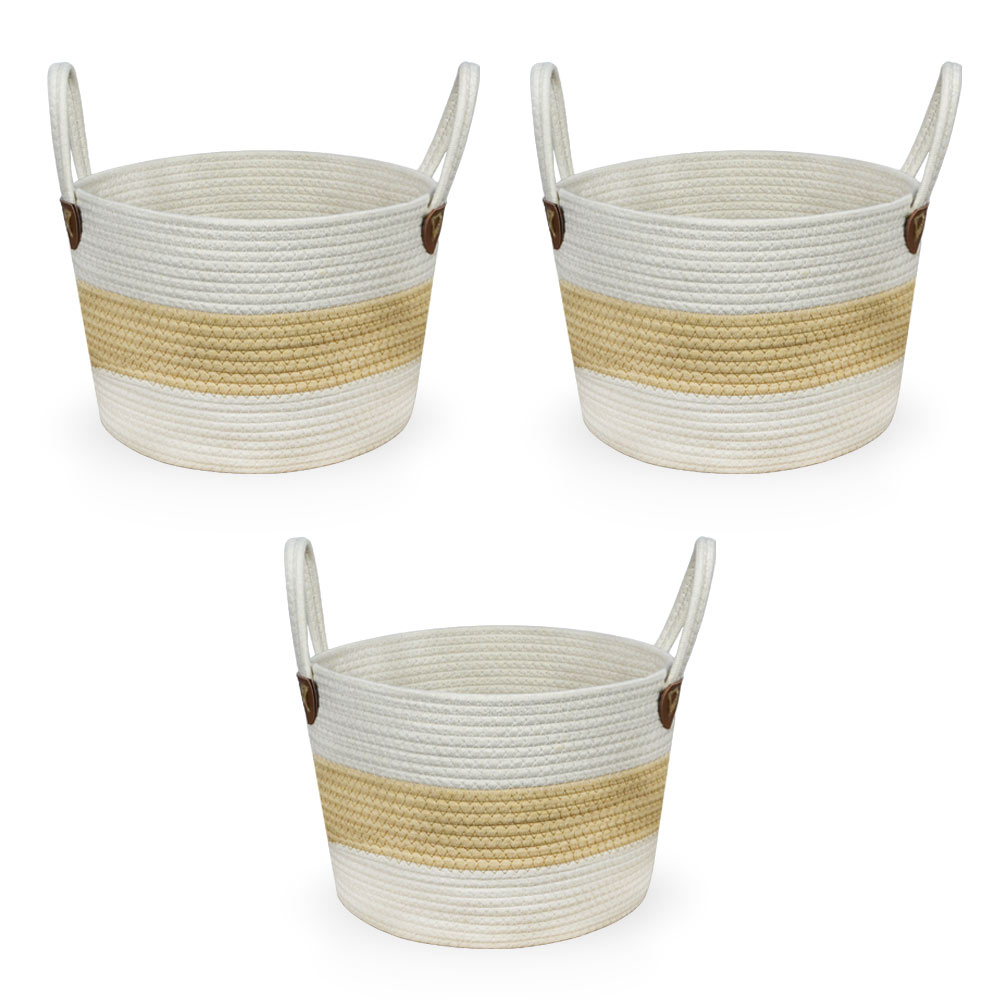 Cesti portaoggetti corda bianco beige con maniglie cm 33 x 33 x h 33 set da 3.